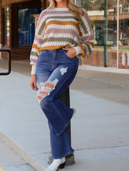 Multicolor Striped Hollowed Knitted Loose Sweater