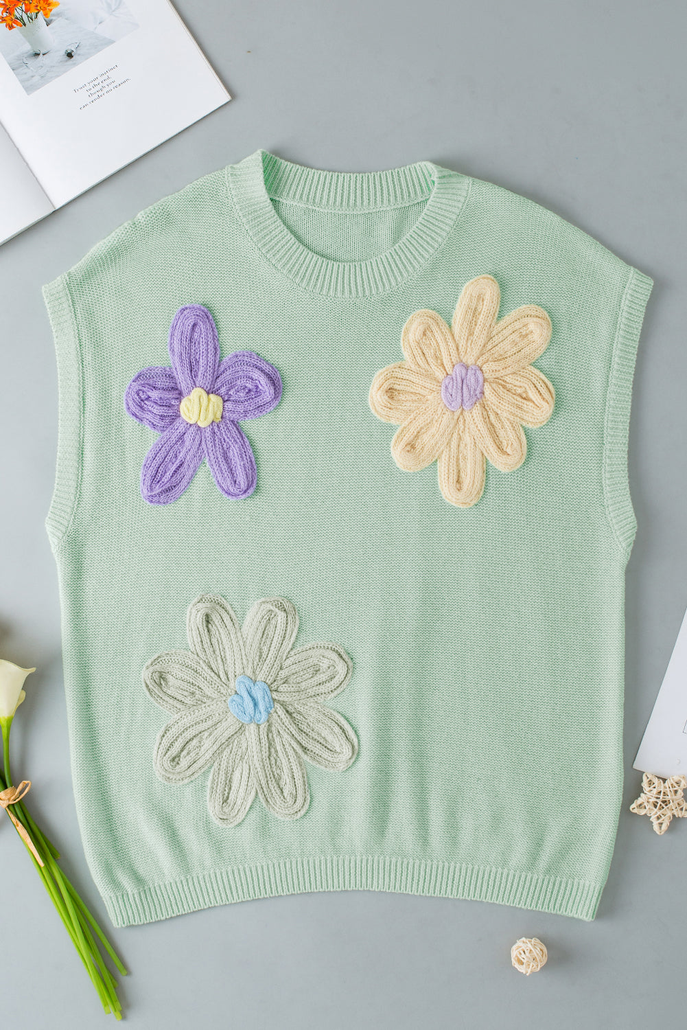 Multi Crochet Flower Knit Short Sleeve Sweater Tops