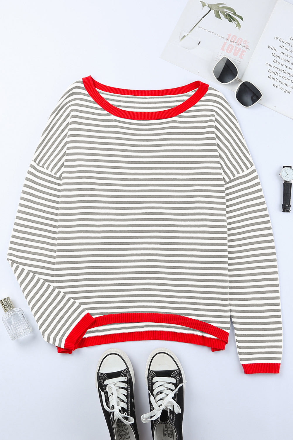 Contrast Trimmed Striped Drop Shoulder Sweater