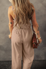 Women's Knotted Straps Button Textured Drawstring Jumpsuit