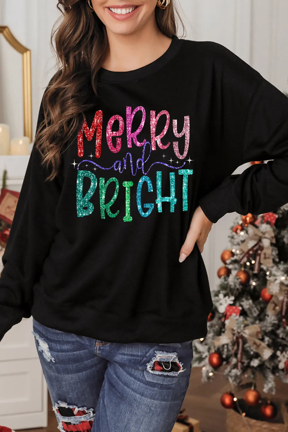 Black Merry and Bright Graphic Christmas Pullover Sweatshirt