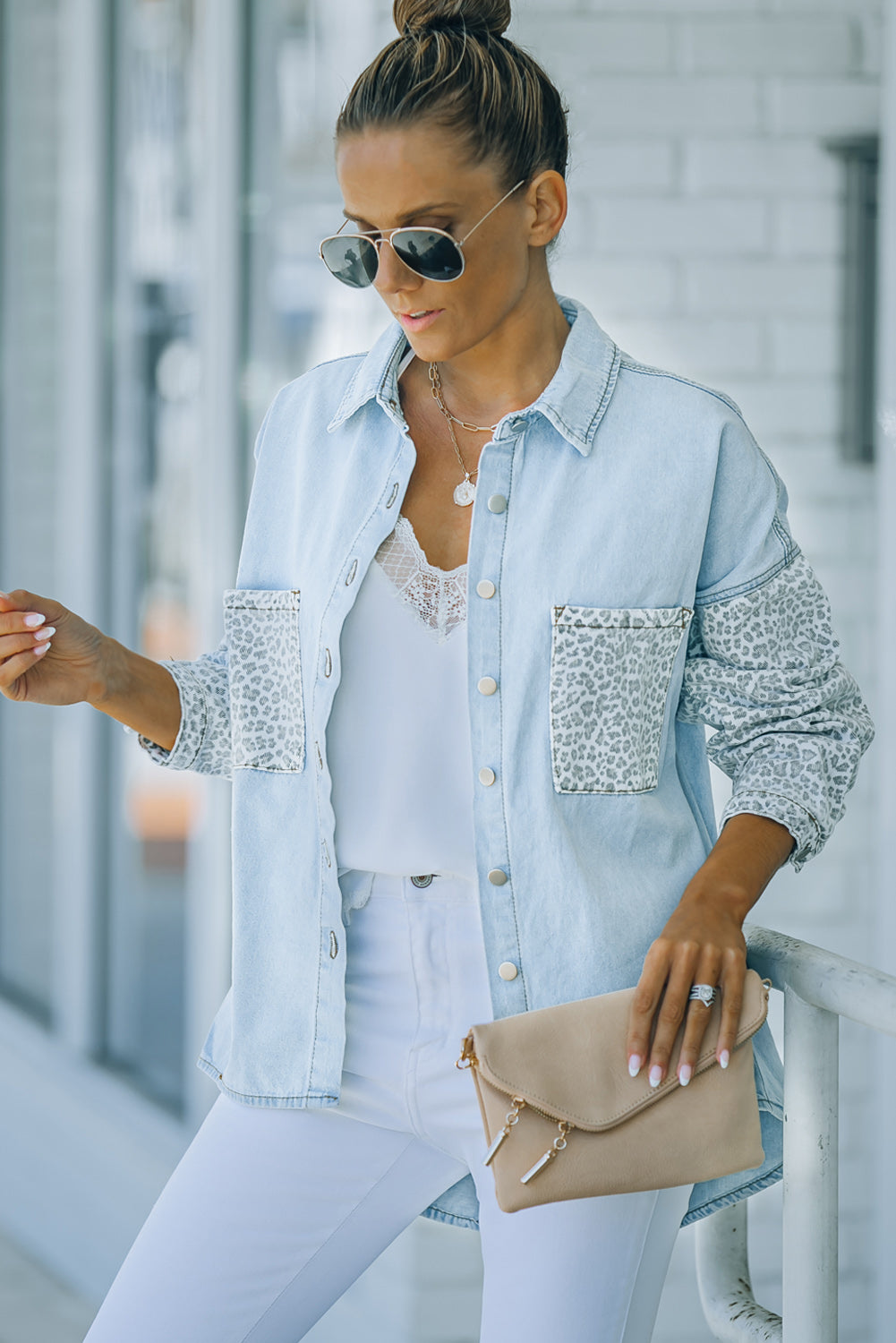 Contrast Leopard Denim Jacket