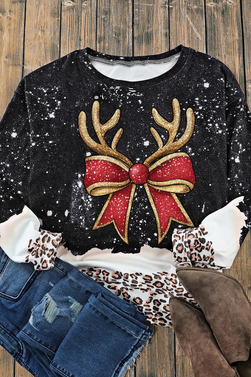 Christmas Antler Bow Bleached Pullover Sweatshirt