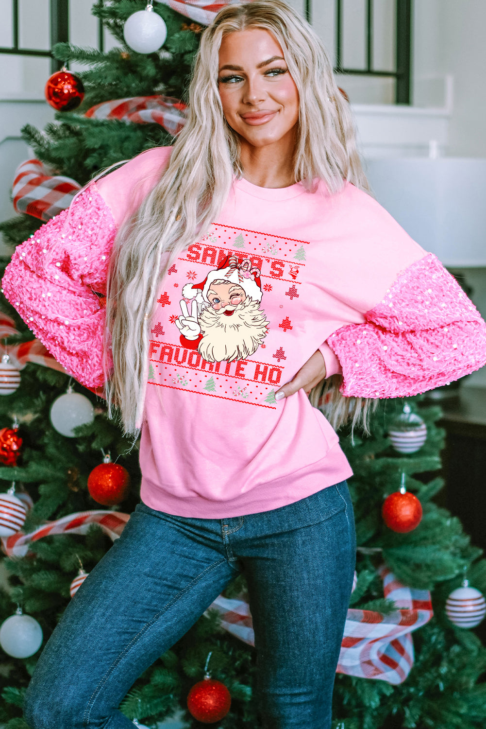 Christmas Santa Pattern Patchwork Sleeve Pink Pullover Sweater