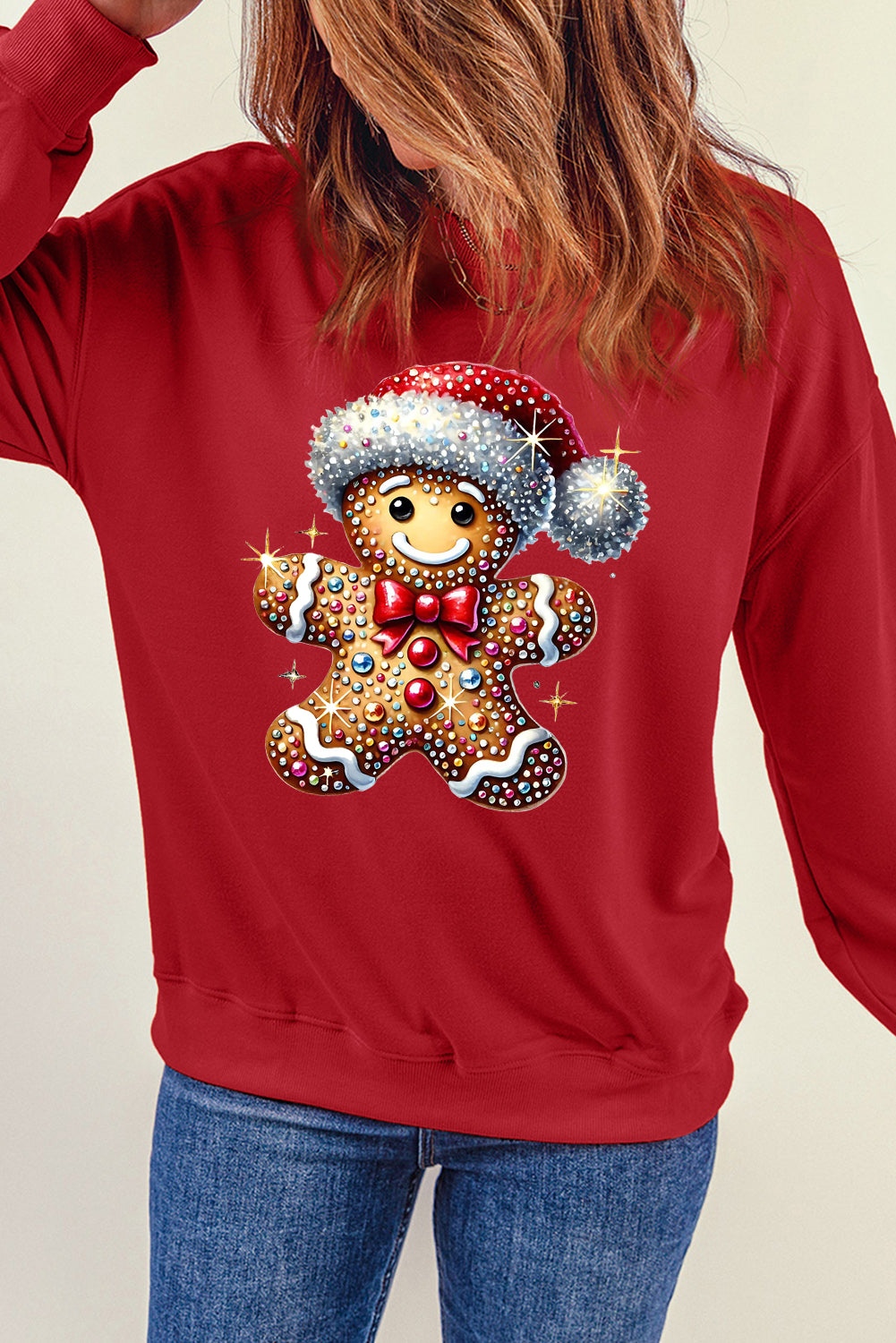 Santa Hat Bear Pattern Crew Neck Pullover Sweatshirt