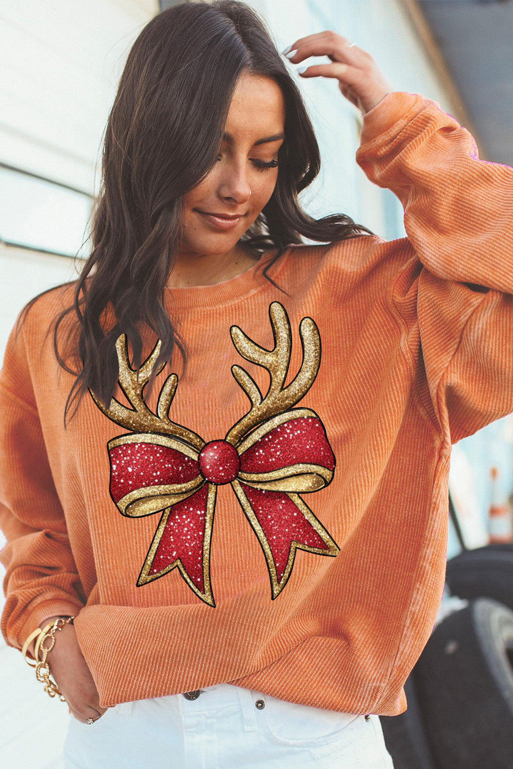 Christmas Round Neck Antler Bow Pattern Pullover Sweatshirt