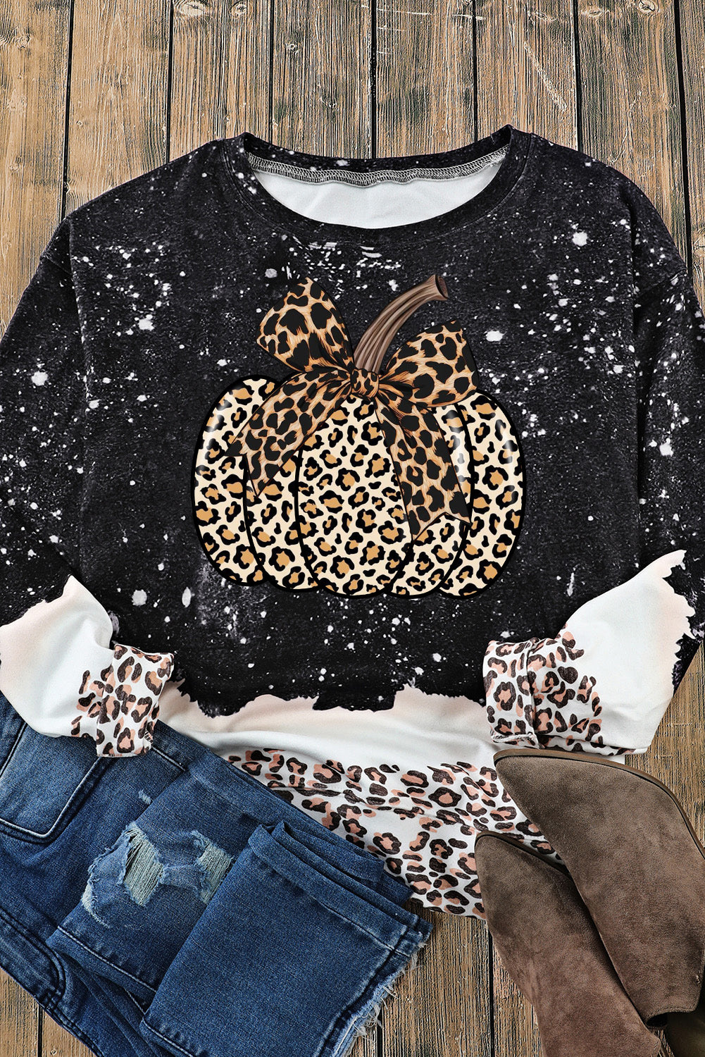 Bow Pumpkin Leopard Bleached Pullover Sweatshirt