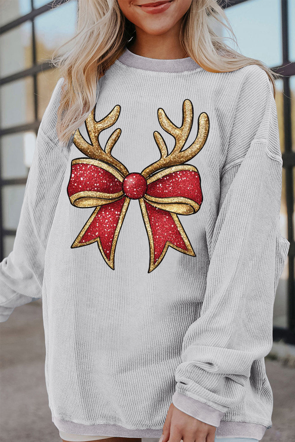 Christmas Round Neck Antler Bow Pattern Pullover Sweatshirt