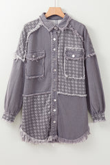 Retro Distressed Houndstooth Patchwork Denim Jacket