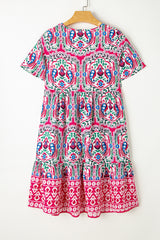 Multicolor Bohemian Print Tie Neck Ruffle Hem Short Dress