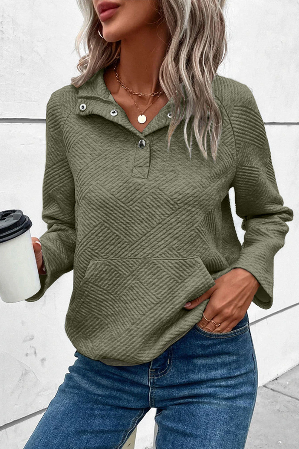 Solid Color Textured Knit Buttoned Kangaroo Pocket Sweatshirt