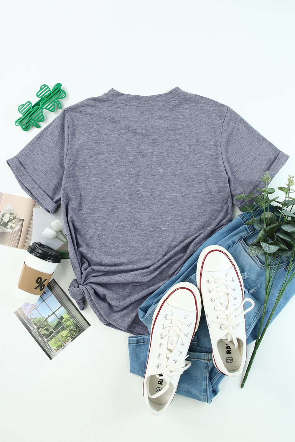 Gray Solid Color Crew Neck Tee