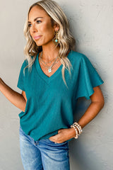 Sapphire Crinkled V Neck Wide Sleeve T-shirt