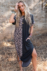 Black Leopard Short Sleeve T-shirt Dress with Slits