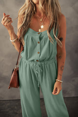 Women's Knotted Straps Button Textured Drawstring Jumpsuit