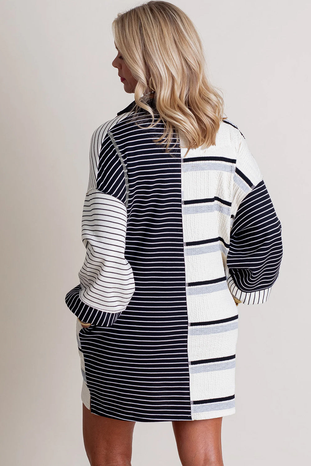 Stripe Colorblock Knit Henley Collar Shift Long Sleeve Mini Dress