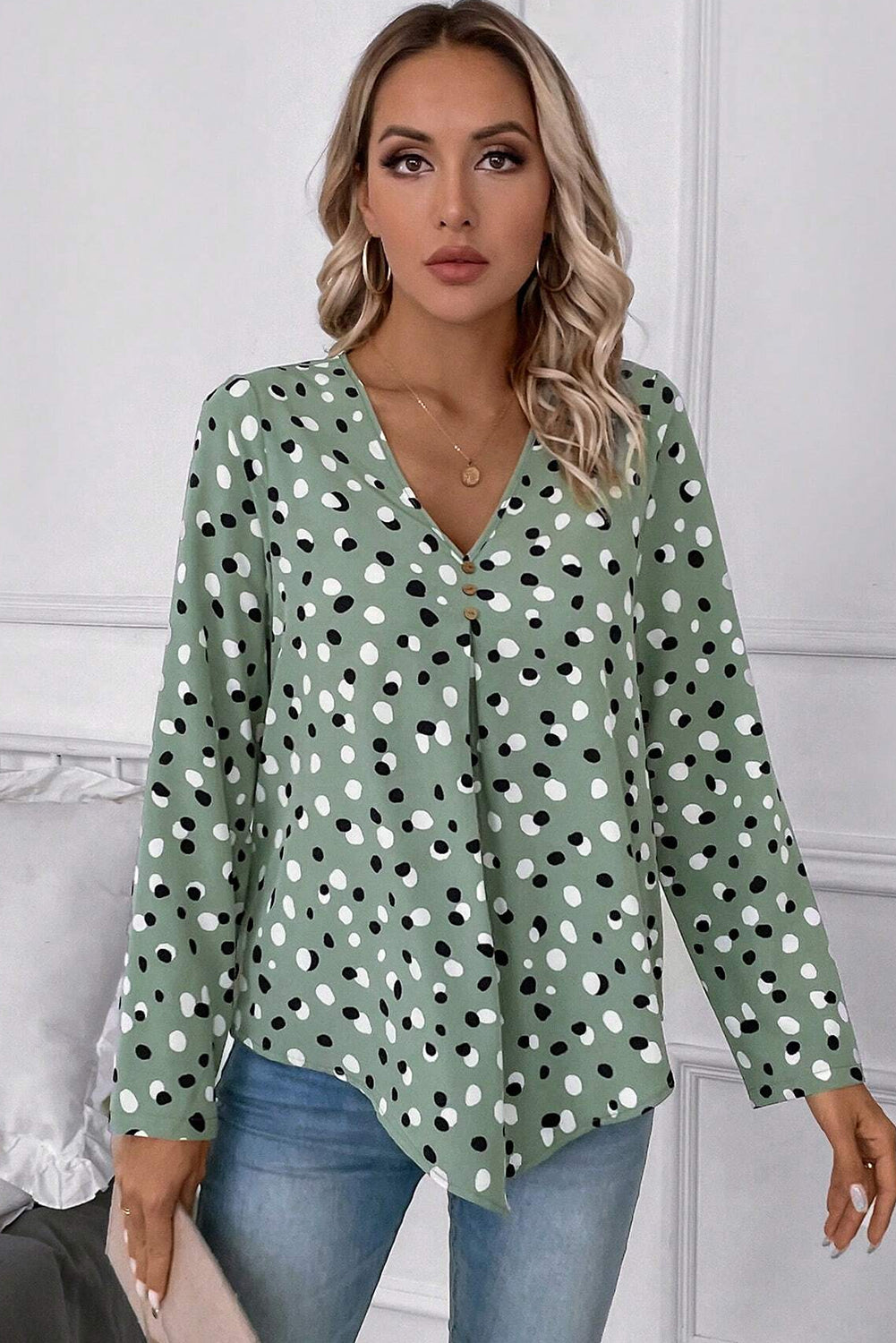 Polka Dot Print Button Front V Neck Blouse