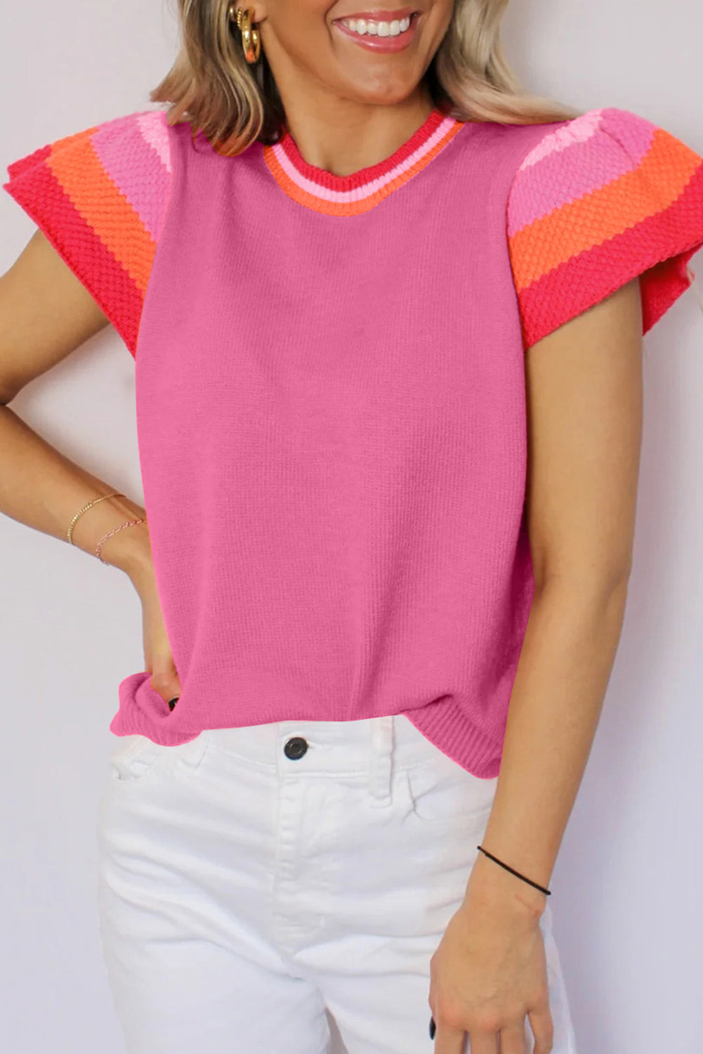 Multicolor Flutter Sleeves Knitted Sweater T Shirt