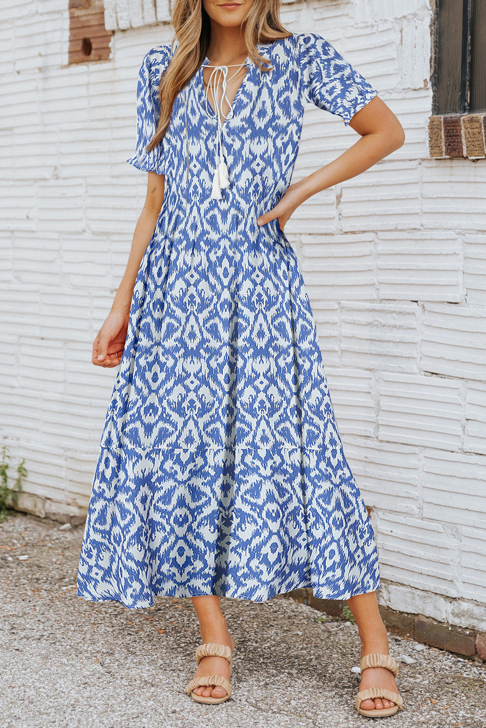 V Neck Casual Geometric Print Maxi Dress