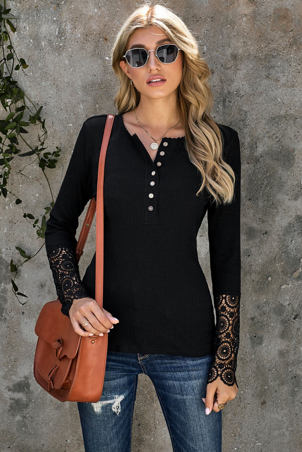 Black Crochet Lace Hem Sleeve Button Top