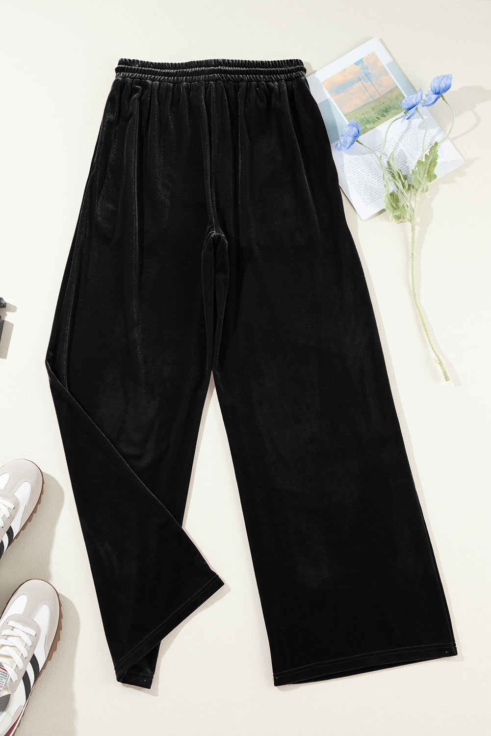 Solid Drawstring Waist Wide Leg Pants