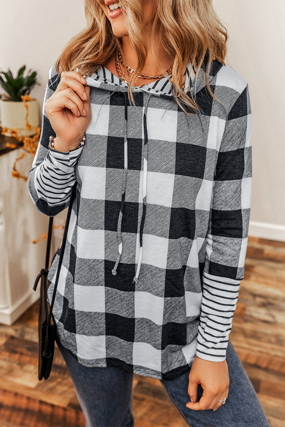 Multicolour Plaid Striped Patchwork Drawstring Hoodie