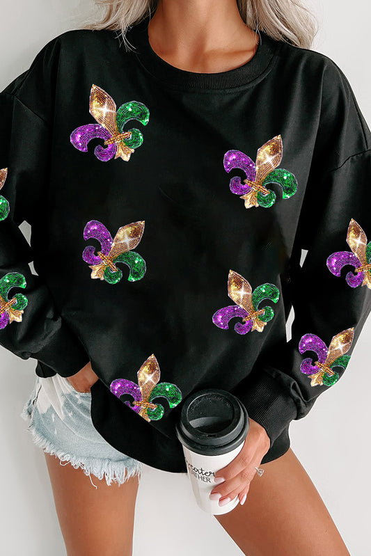 White Sequin Mardi Gras Graphic Pullover Sweatshirt