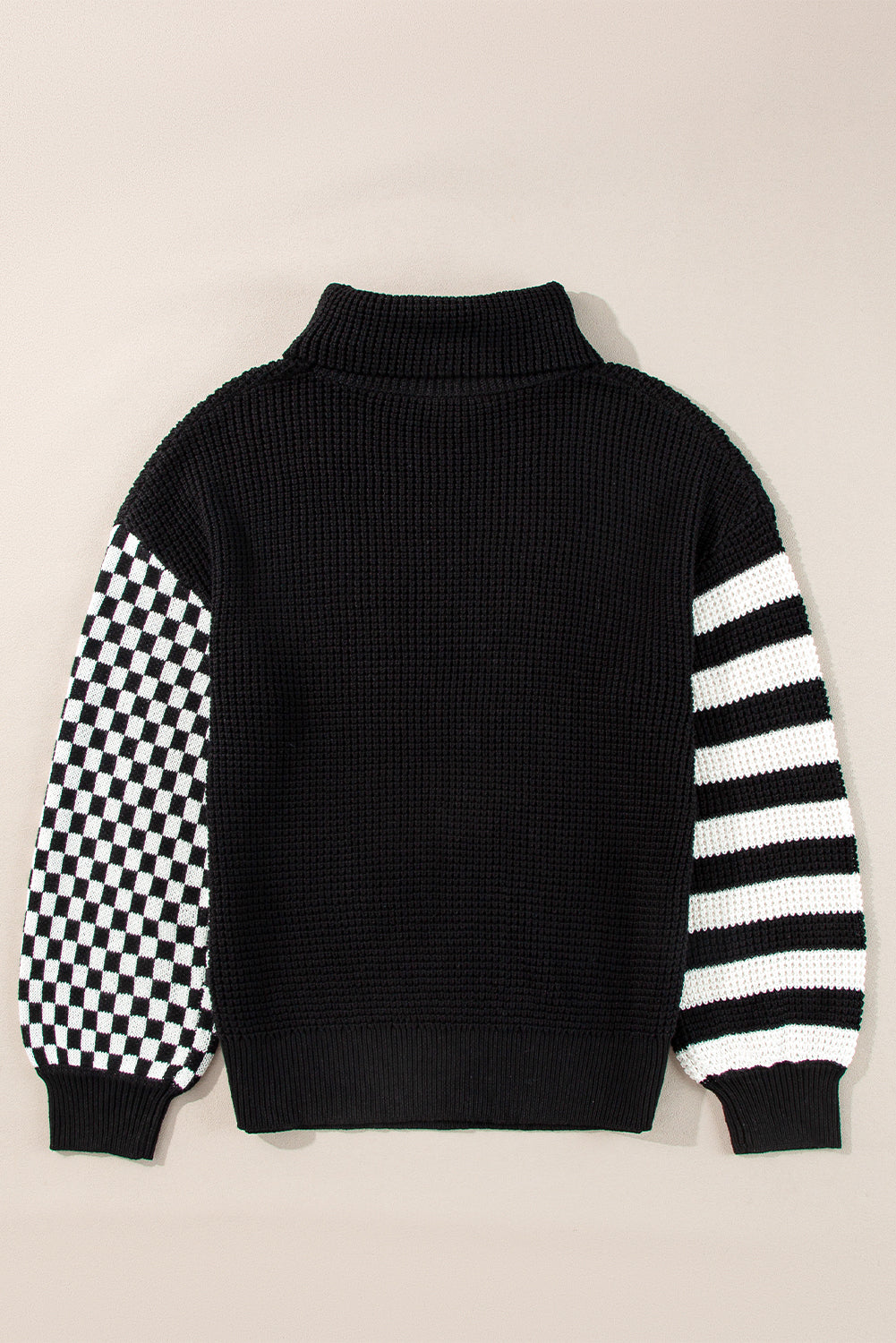 Striped Plaid Patchwork Waffle Knit Turtleneck Sweater