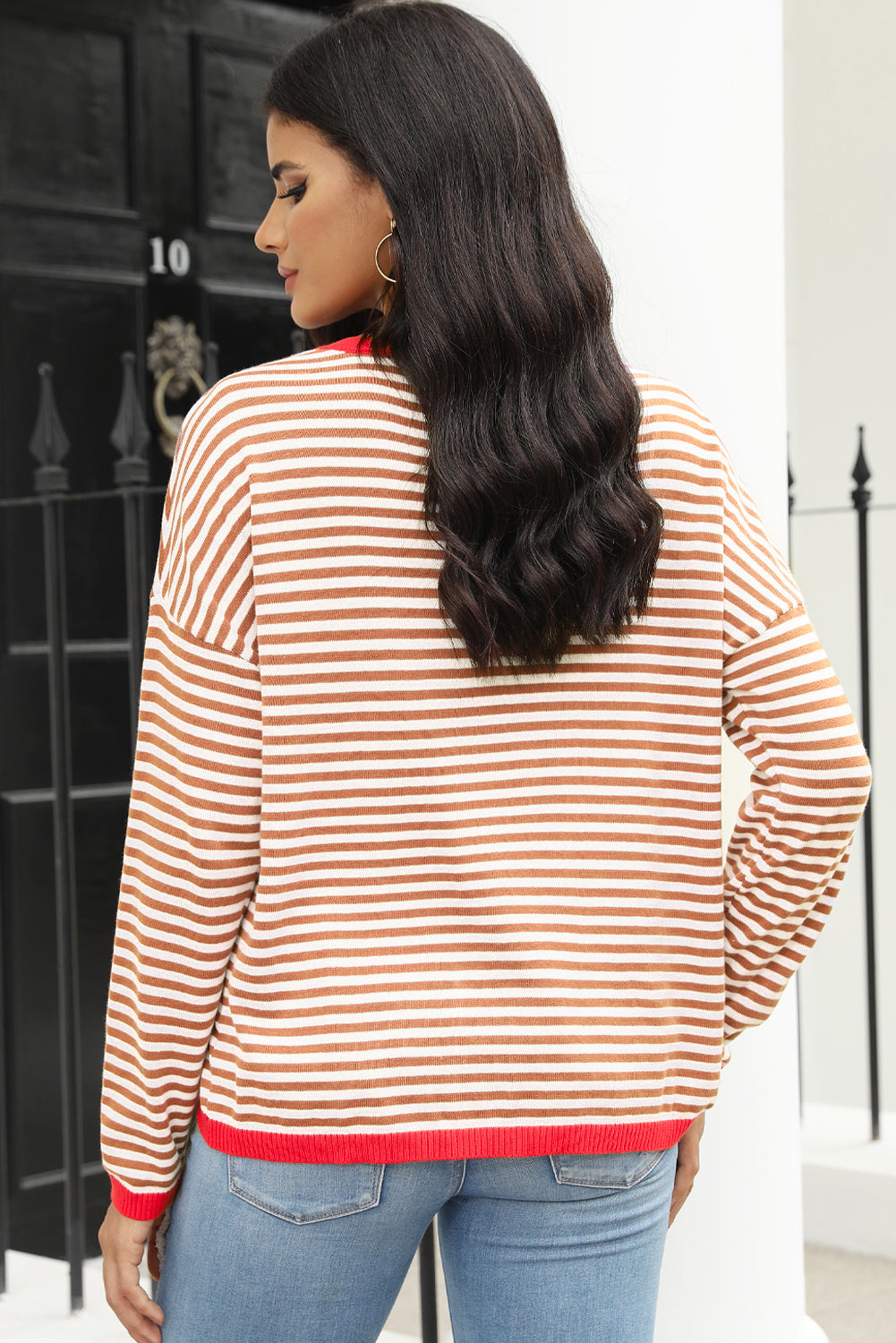 Contrast Trimmed Striped Drop Shoulder Sweater