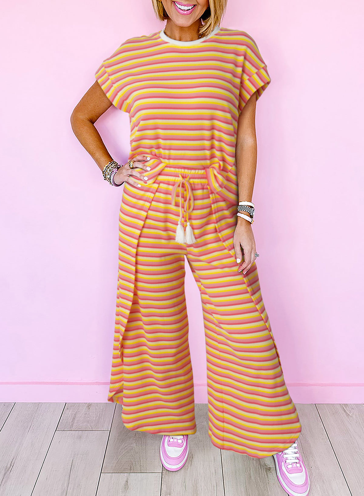 Striped Short Sleeve T-Shirt Wide Leg Pants Discussion Set