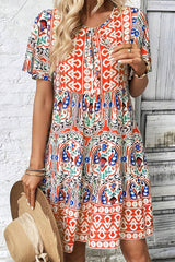 Multicolor Bohemian Print Tie Neck Ruffle Hem Short Dress