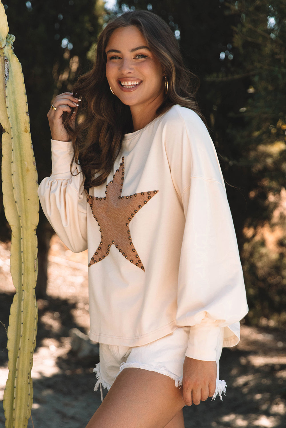 Studded Star Graphic Oversized Long Sleeve Top