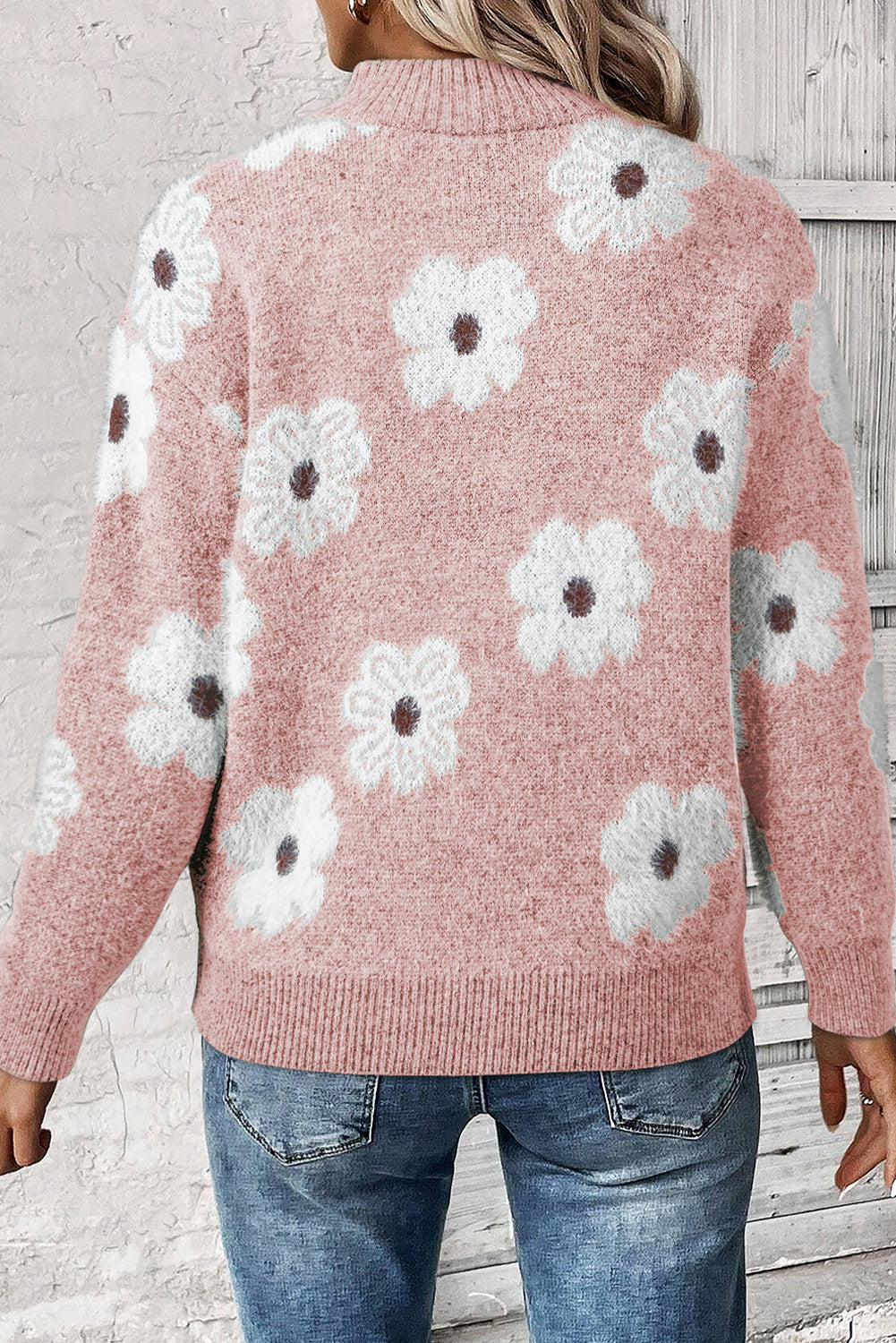 Women's Floral Pattern Half Zip Drop Shoulder Sweater