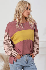 Red Colorblock Striped Bishop Sleeve Top