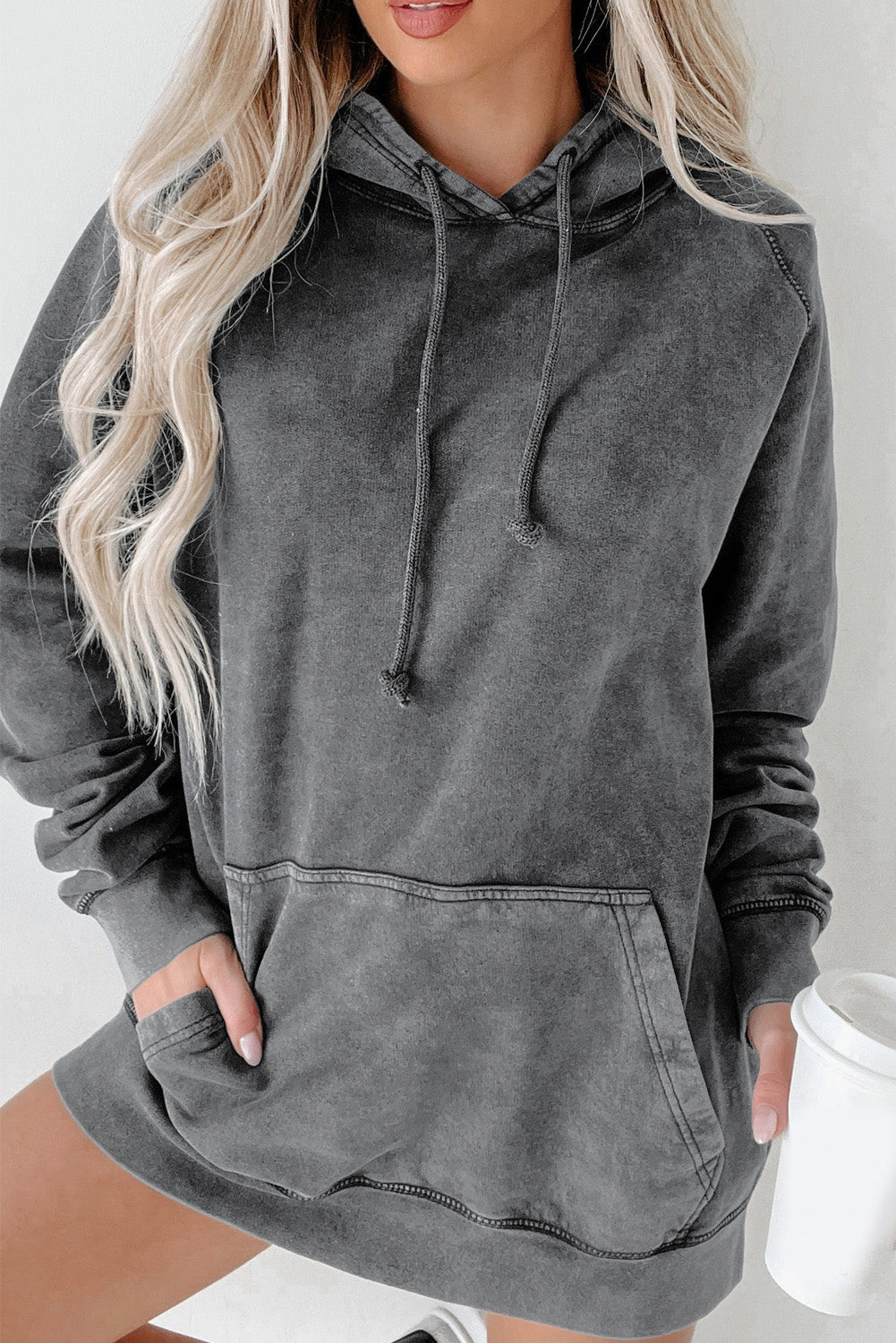 Gray Mineral Wash Kangaroo Pocket Drawstring Pullover Hoodie