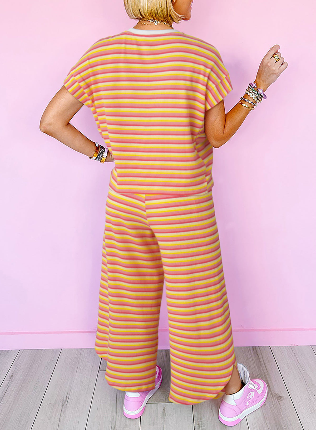 Striped Short Sleeve T-Shirt Wide Leg Pants Discussion Set