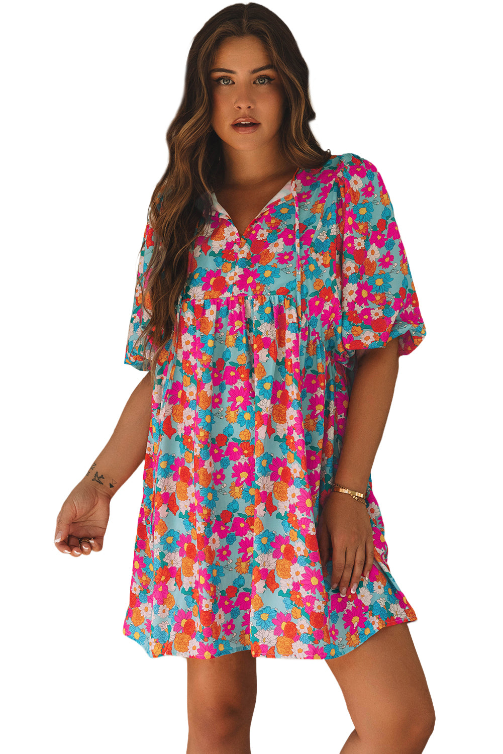 Sky Blue Floral Split Neck Bubble Sleeve Babydoll Dress