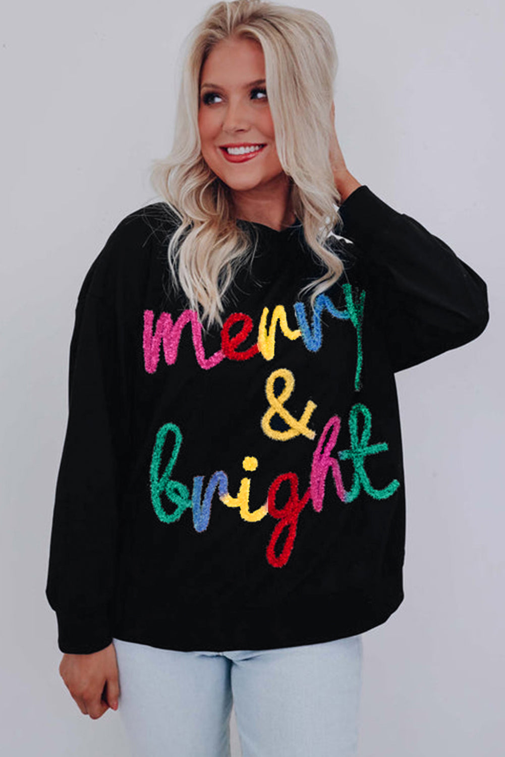 Black Colorful Merry & Bright Tinsel Graphic Sweater