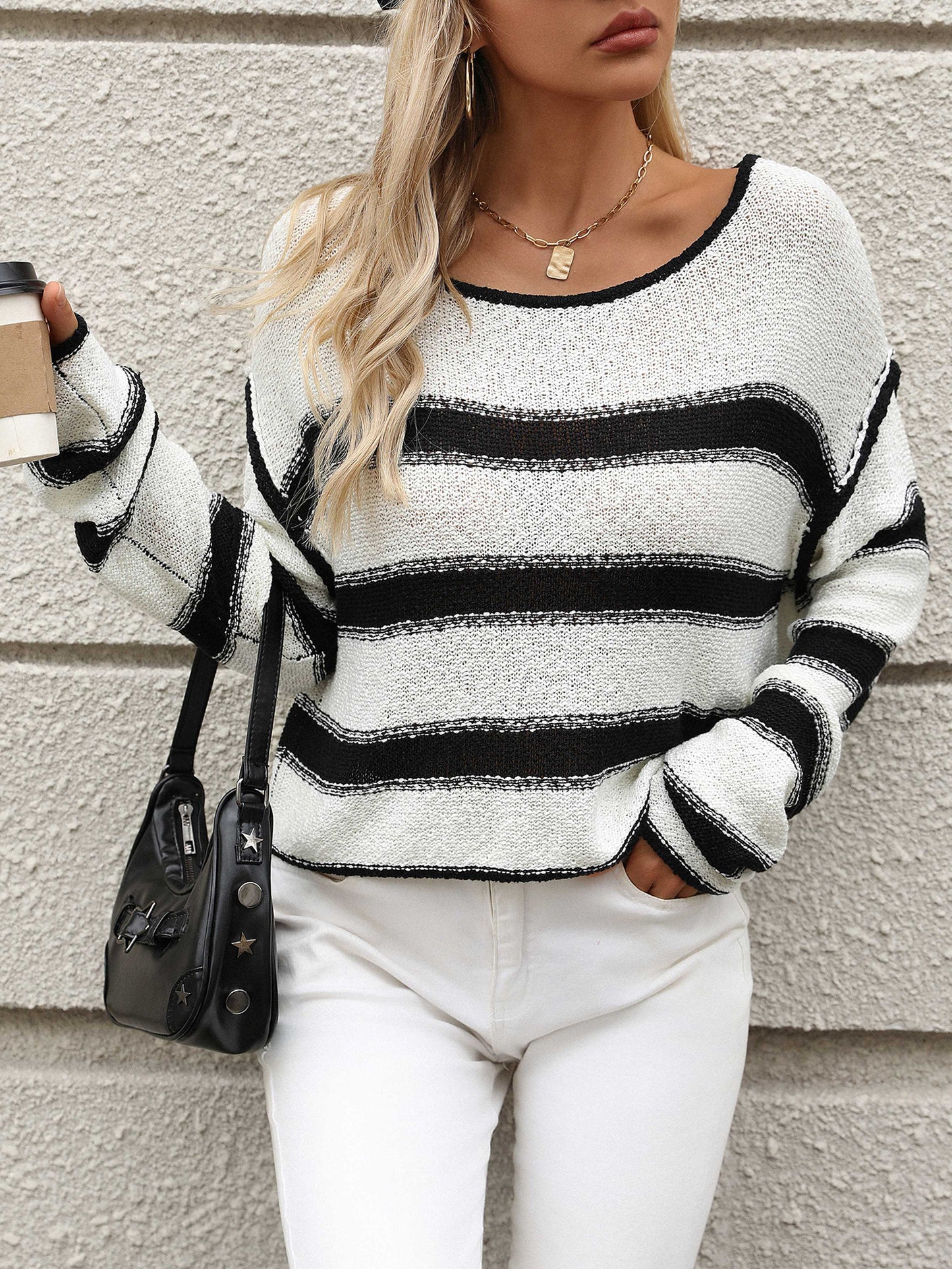 Crew Neck Color Matching Knitted Sweater Striped Sweater Women