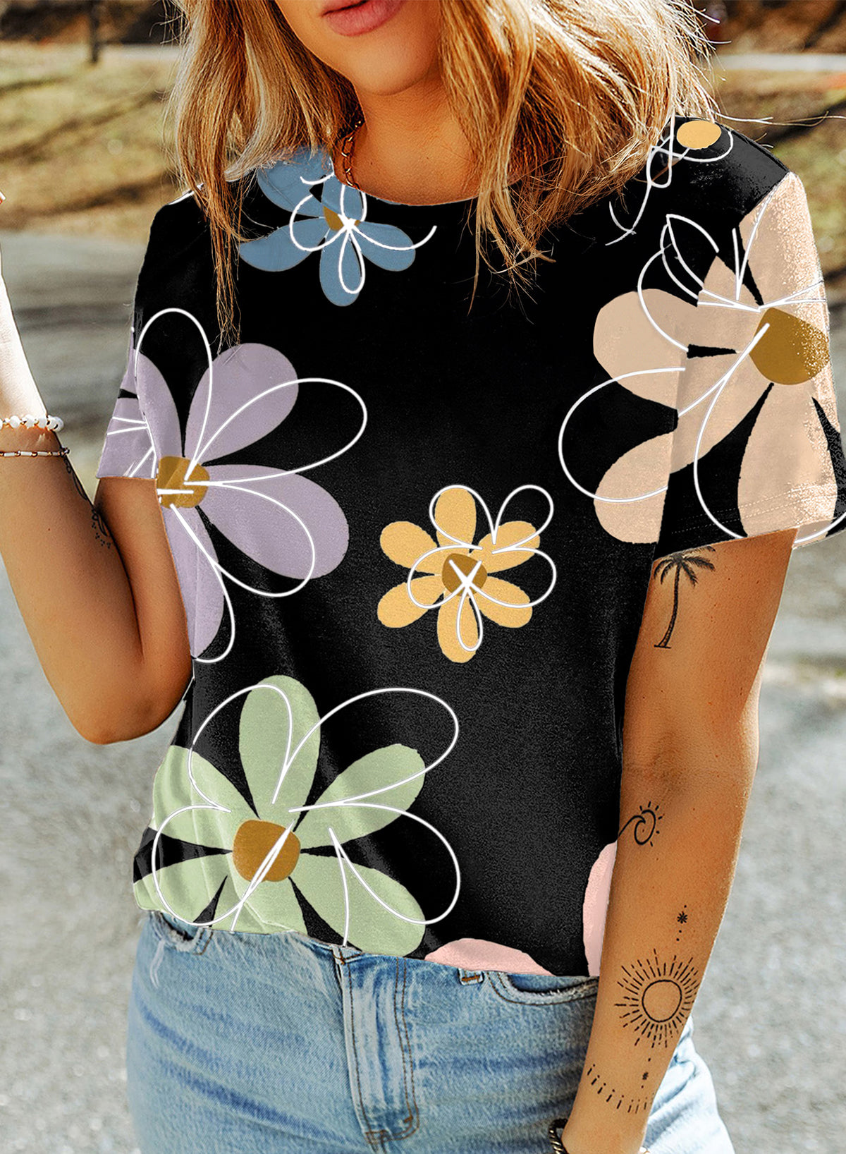 Summer Flower Print Casual Round Neck T Shirt