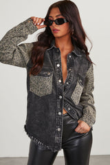 Leopard Patch Pocket Vintage Raw Hem Denim Jacket