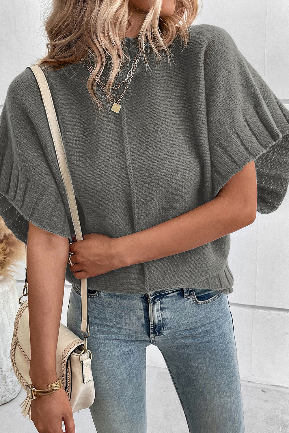 Mock Neck Batwing Short Sleeve Knit Sweater