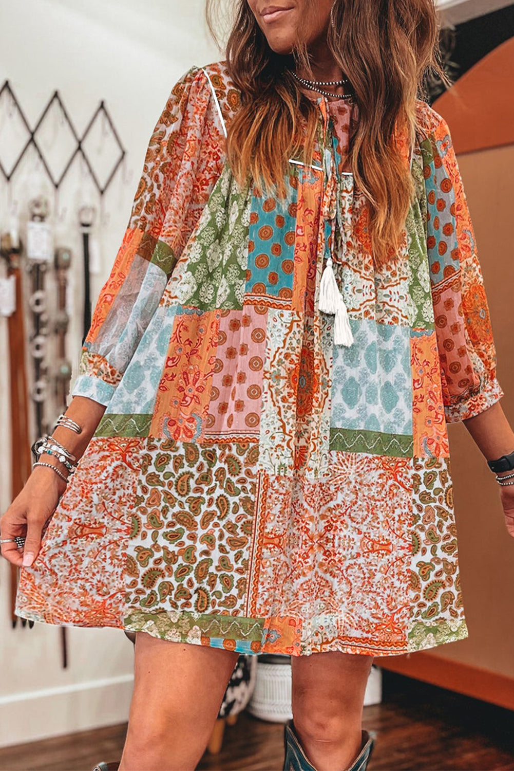 Orange Boho Paisley Mixed Print 3/4 Sleeve Chiffon Loose Dress