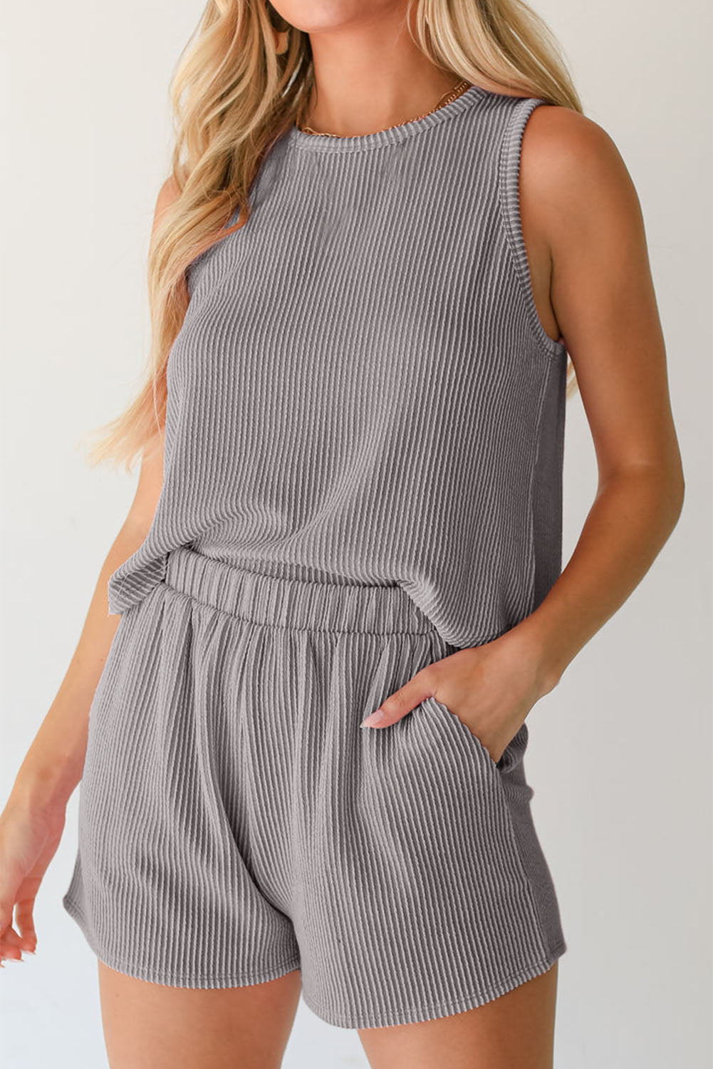 Corded Sleeveless Top and Pocketed Shorts Set