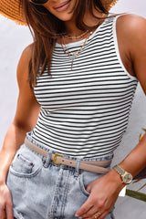 Striped Print Ribbed Knit Sleeveless Top