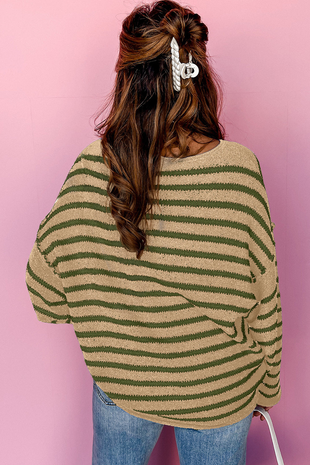 Solid Color Stripe Drop Shoulder Casual Sweater