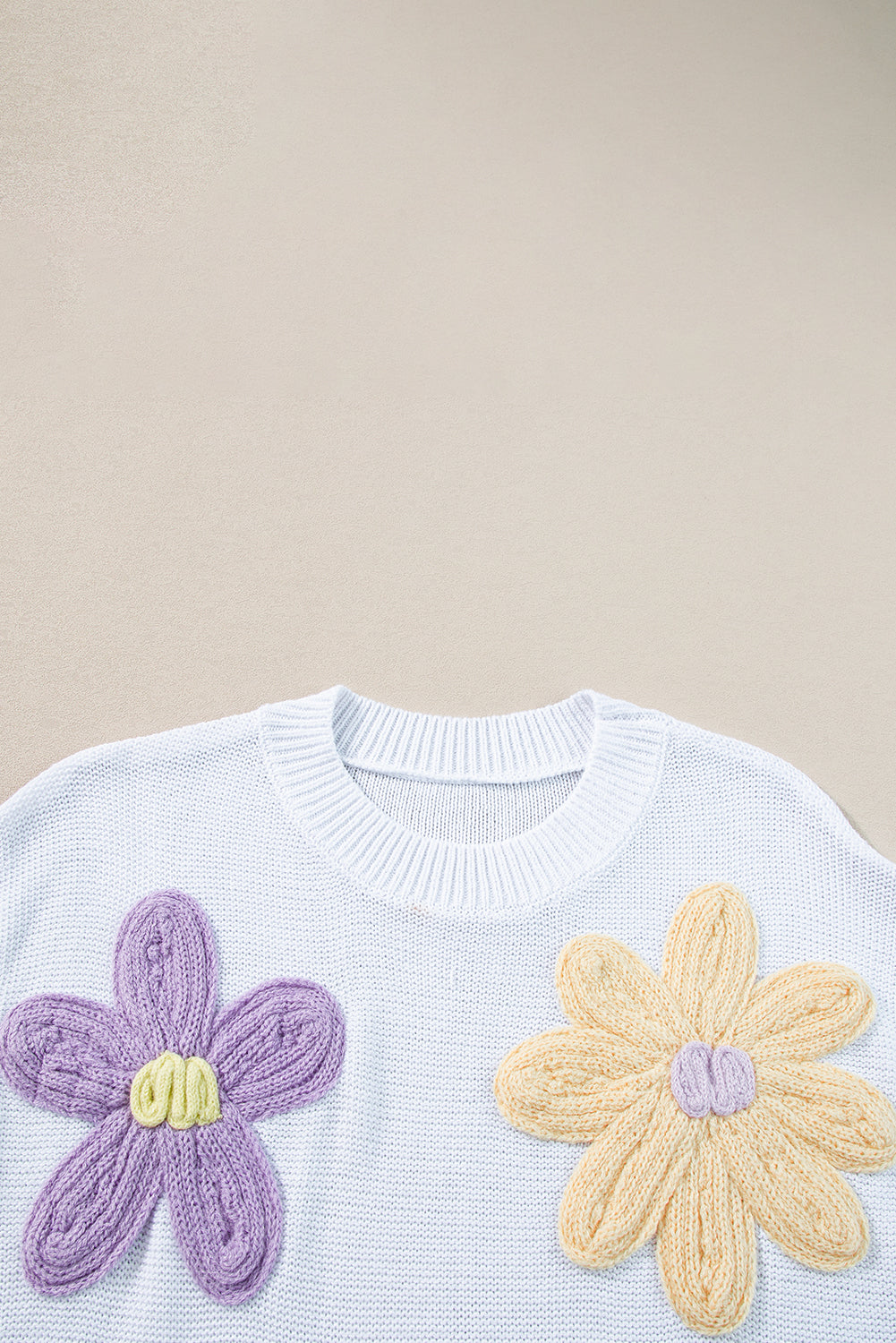 Multi Crochet Flower Knit Short Sleeve Sweater Tops