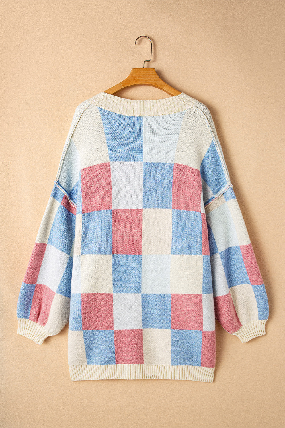 Checkered Drop Shoulder Exposed Seam Open Front Cardigan