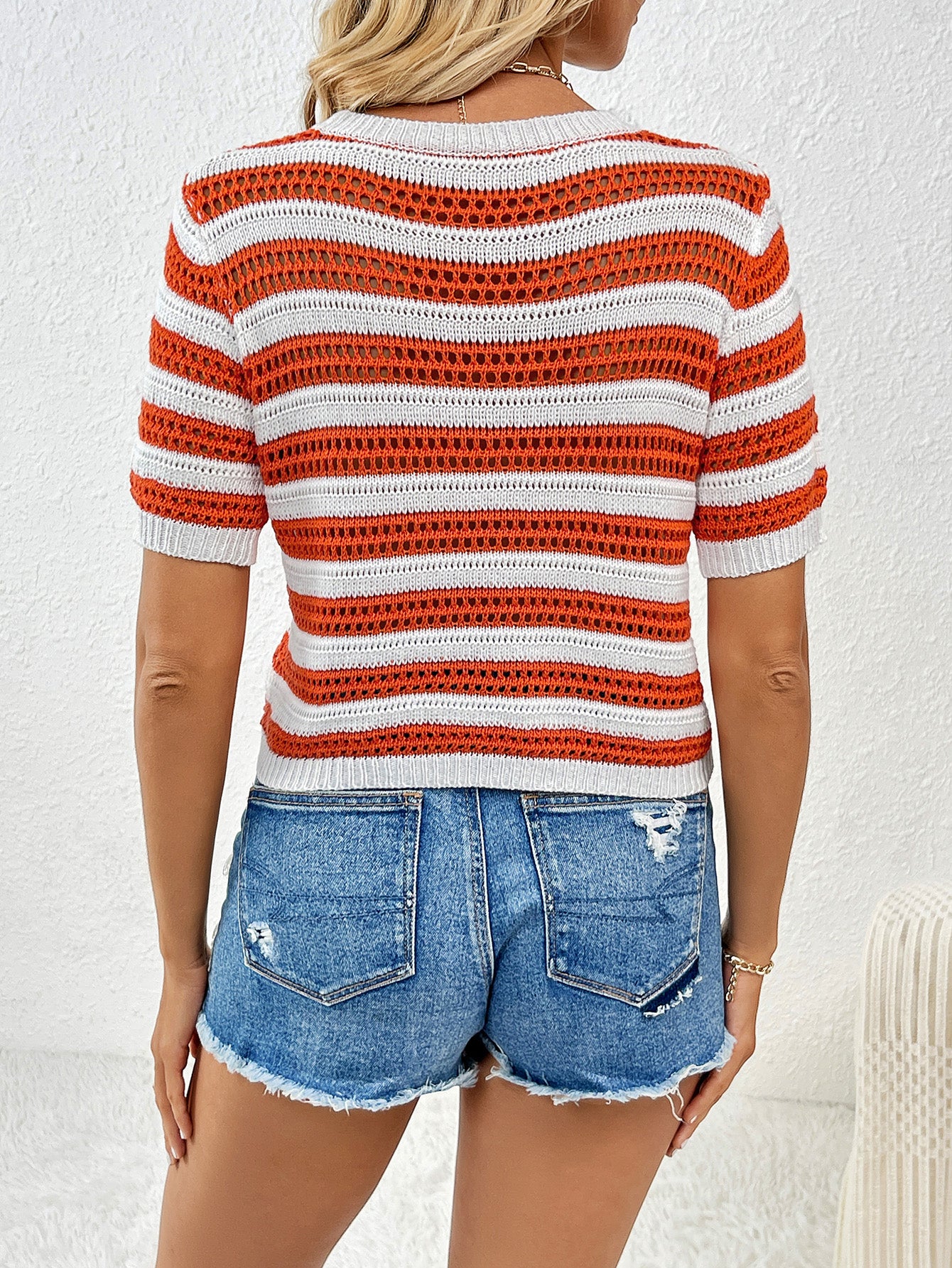 Pullover Striped Short-Sleeved Patchwork Knitwear Tops