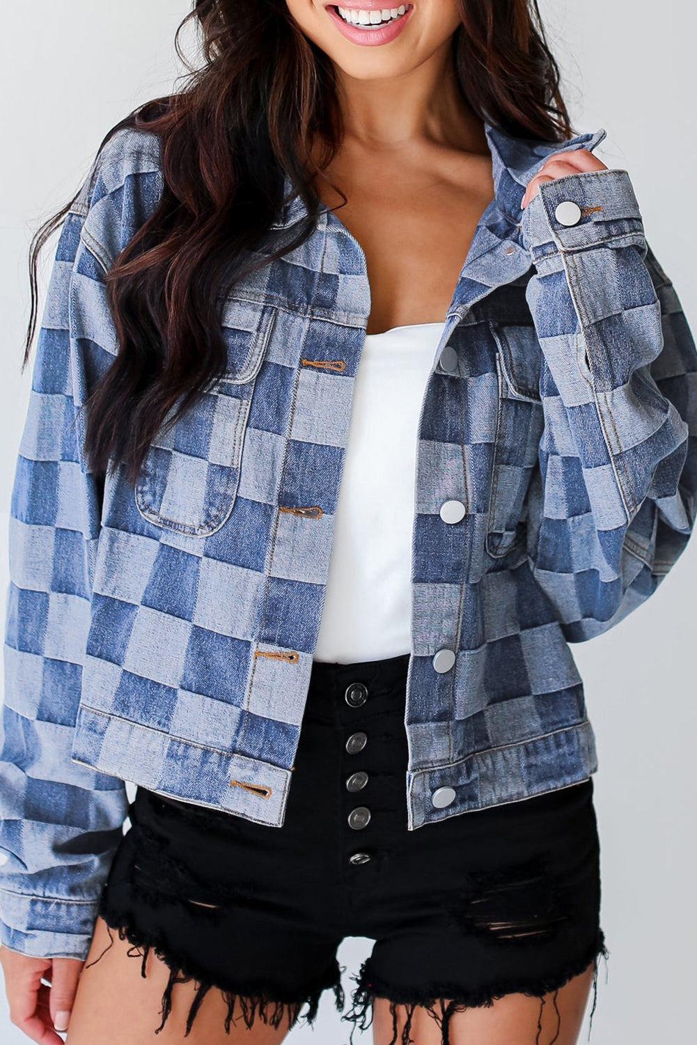 Women's Checkered Patchwork Button up Denim Jacket